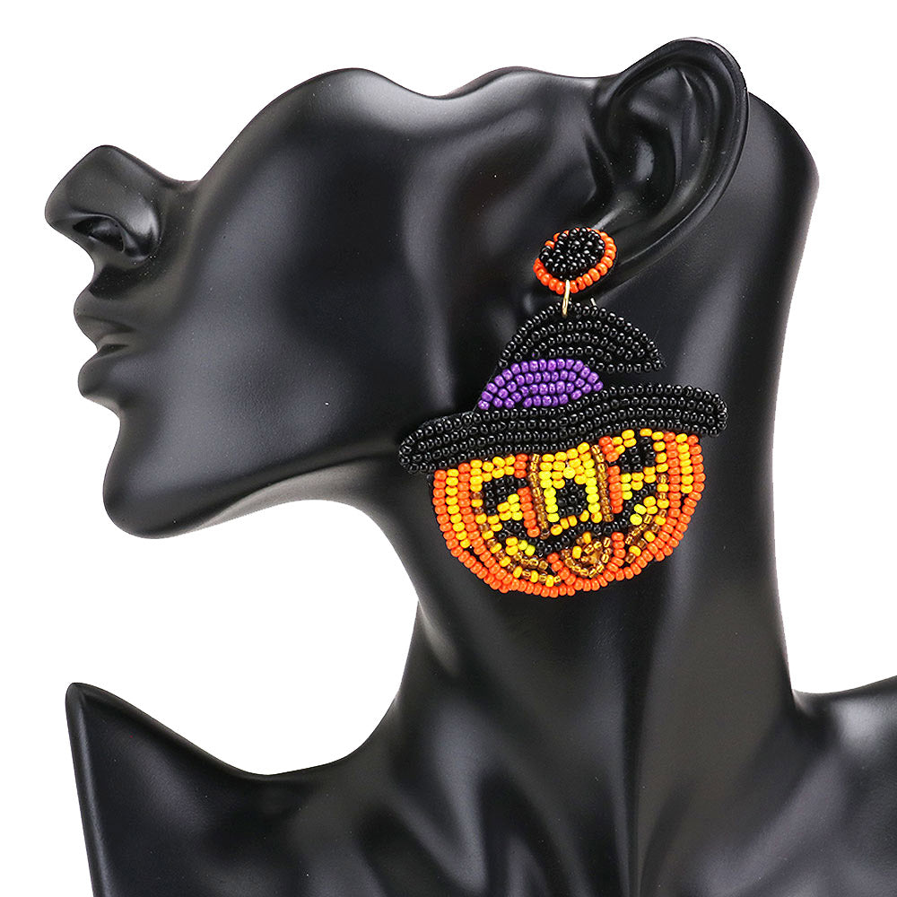 Seed Bead Witch Hat Pumpkin Earrings