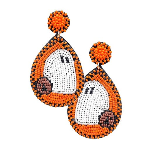 Seed Beaded Ghost Accented Teardrop Dangle Earrings