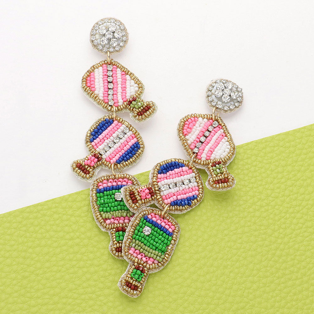 Seed Beaded Pickleball Paddle Link Dropdown Dangle Earrings