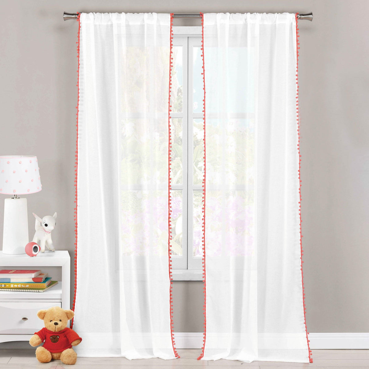 Juego de 2: Paneles de cortina de ventana semitraslúcidos con pompones