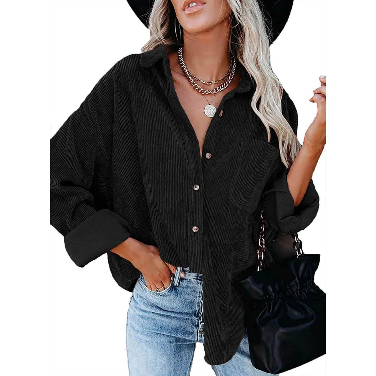 Sidefeel Camisa de pana para mujer de manga larga con botones y cuello vuelto, blusa tipo chaqueta de gran tamaño