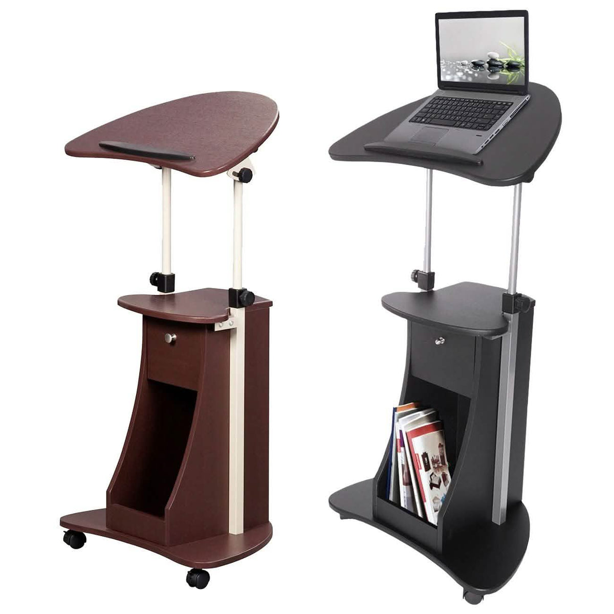 Mesa Auxiliar Ajustable con Ruedas para Laptop, con Almacenamiento, de Sentado a Parado