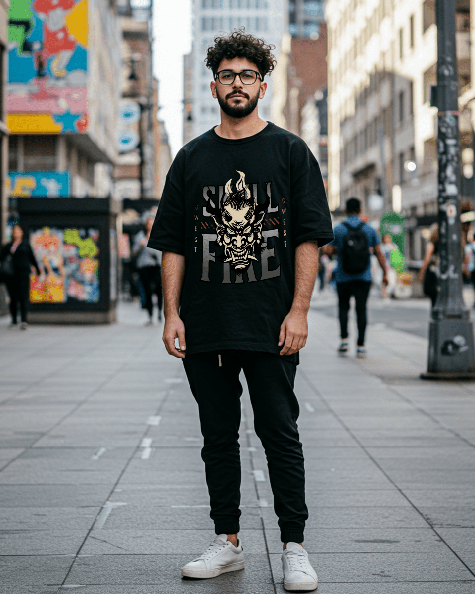 G West Skull Fire Oversized T-Shirt Mens