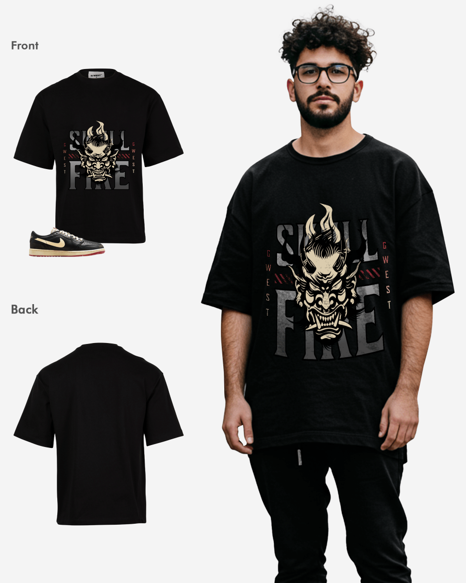 G West Skull Fire Oversized T-Shirt Mens