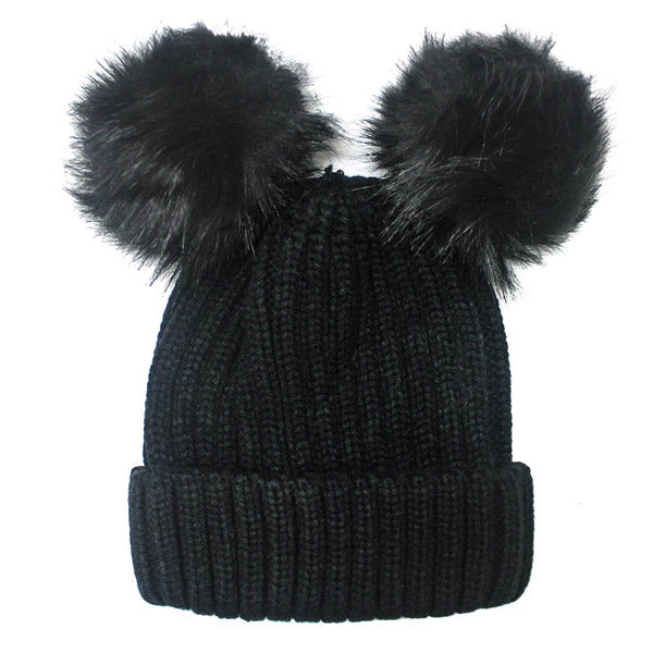 Women's Soft Knit Double Faux Fur Pom Beanie Hat