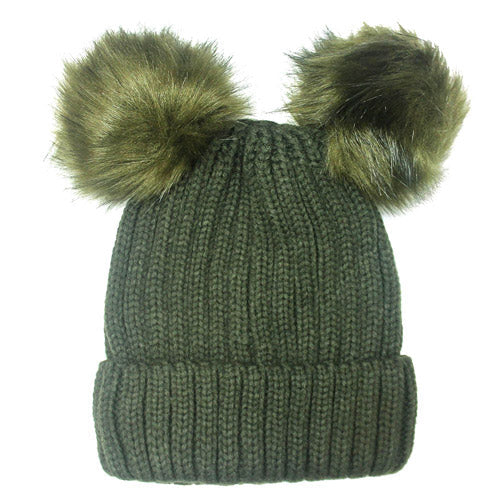 Women's Soft Knit Double Faux Fur Pom Beanie Hat