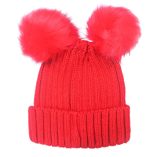 Women's Soft Knit Double Faux Fur Pom Beanie Hat