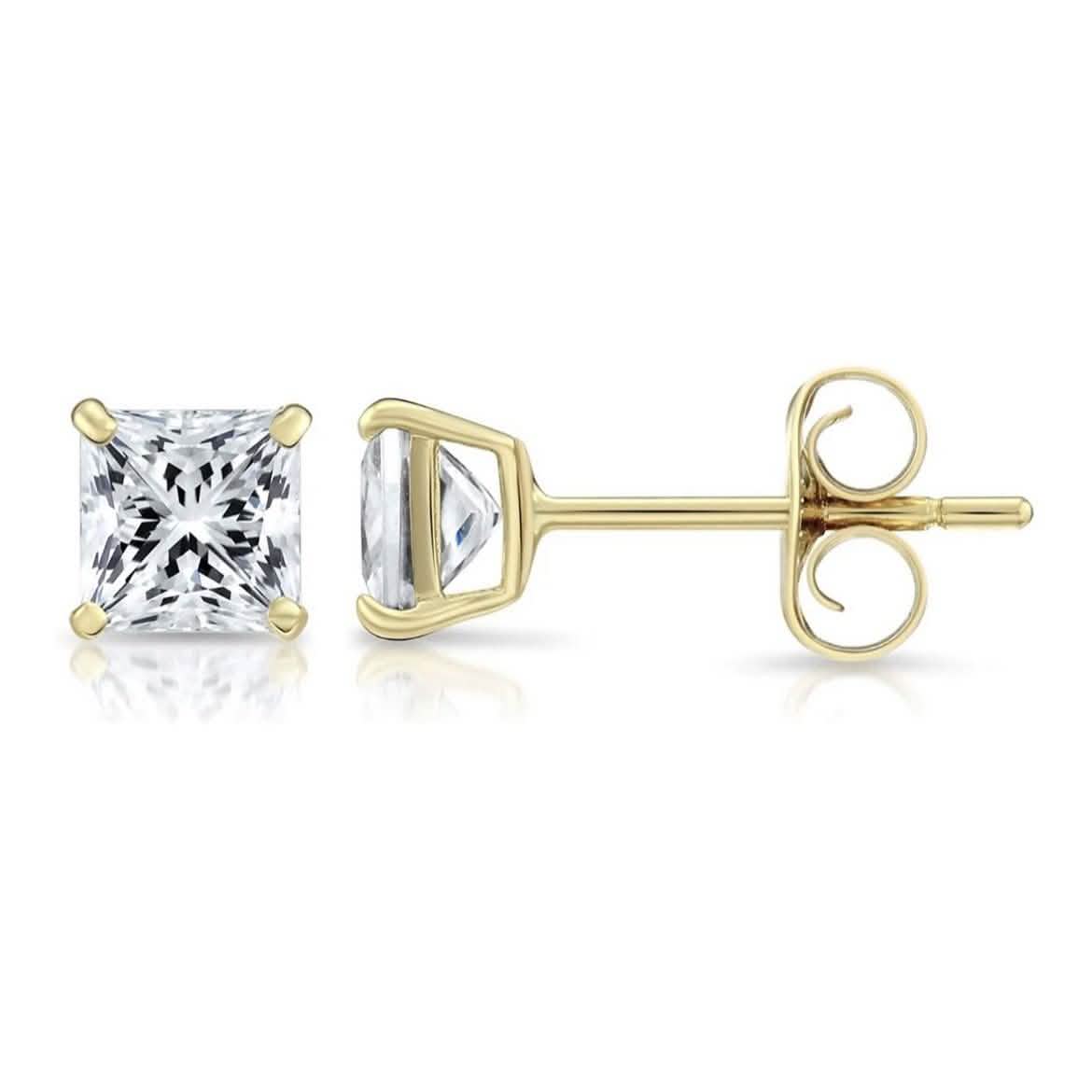 Pendientes de tuerca de oro amarillo macizo de 14K con cristal de corte cuadrado de 3 mm