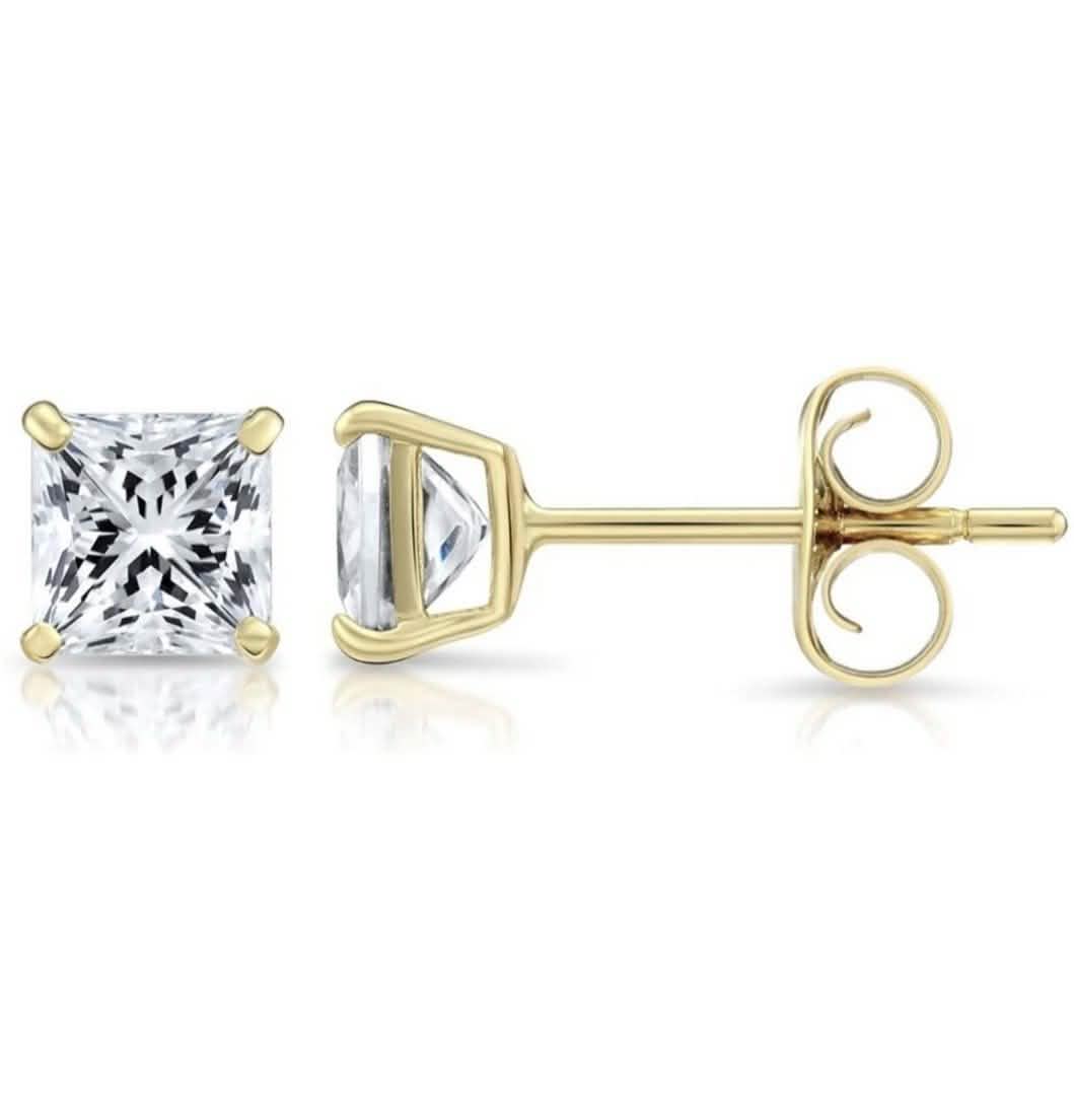 Pendientes de botón de cristal de talla cuadrada de 8 mm grandes de oro amarillo macizo de 14 K