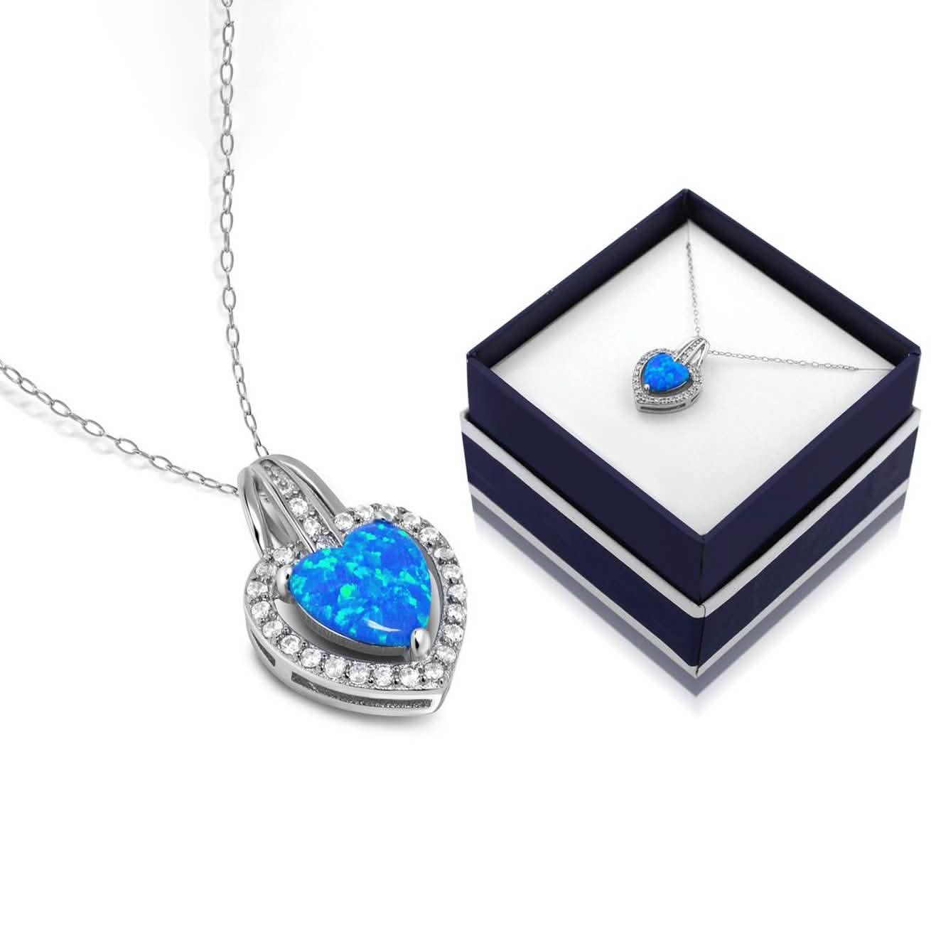 Collar con colgante de corazón y halo de ópalo azul de plata de ley maciza con caja de regalo de MUIBLU Gems