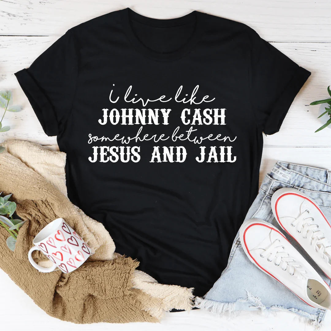 Faith Chaos Quote Shirt – "Somewhere Between Jesus & Jail" Graphic Shirt