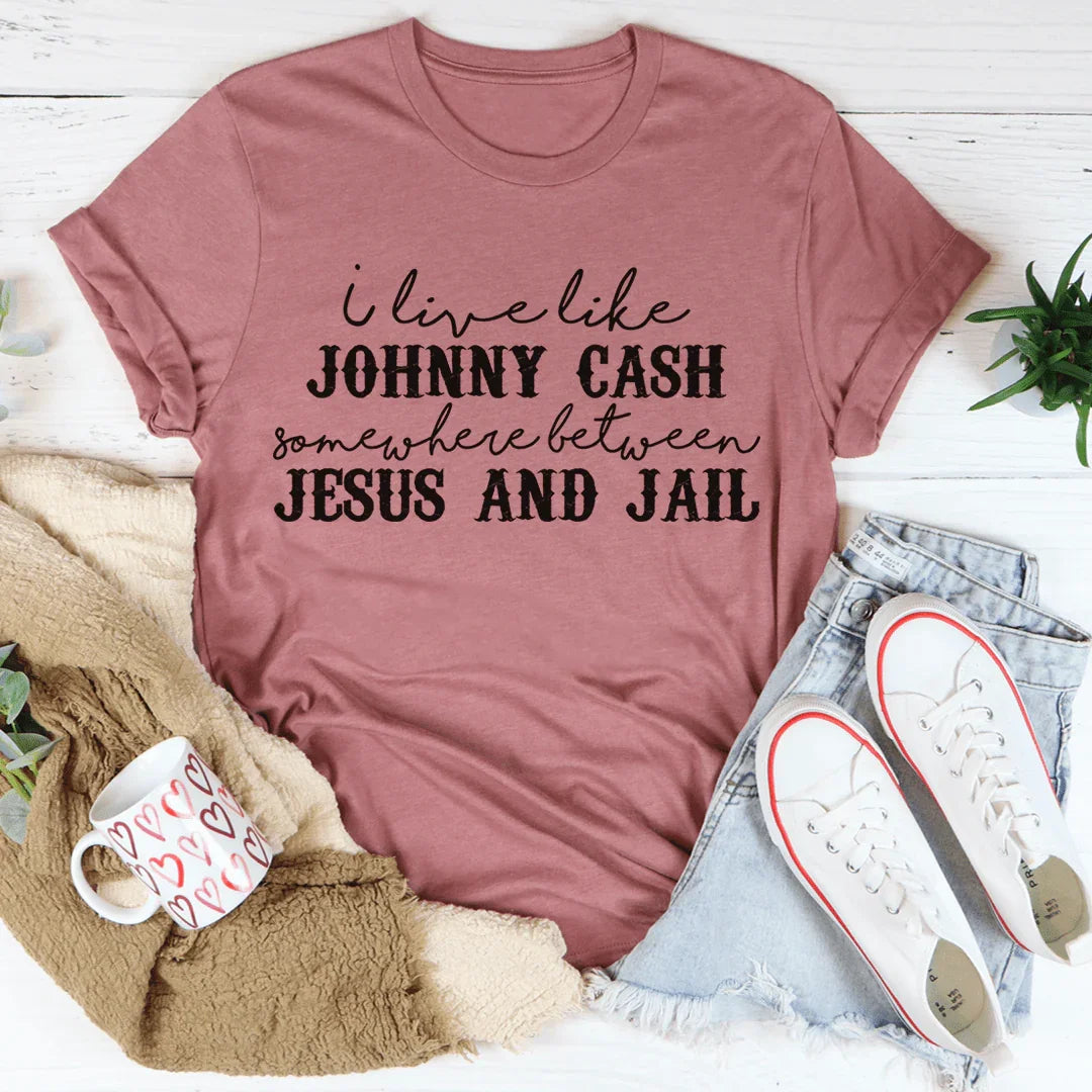 Faith Chaos Quote Shirt – "Somewhere Between Jesus & Jail" Graphic Shirt