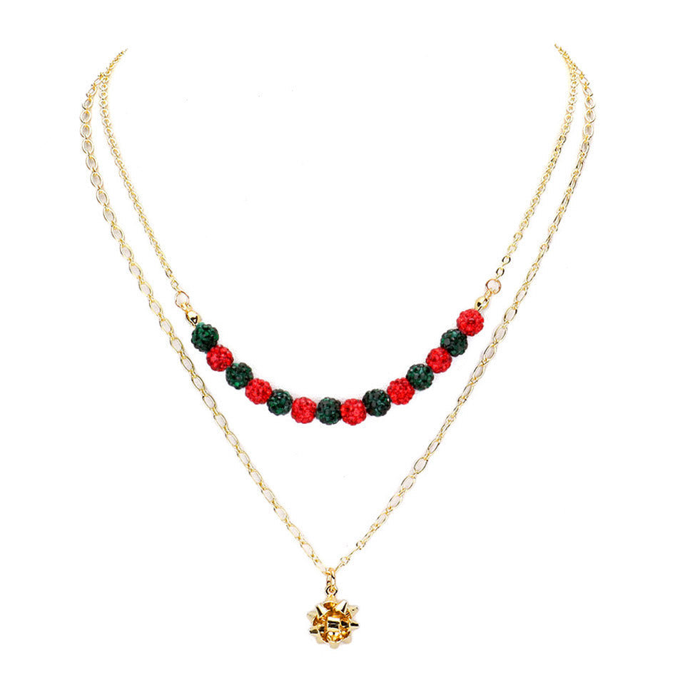 Sparkling Shamballa Ball Christmas Gift Bow Pendant Necklace
