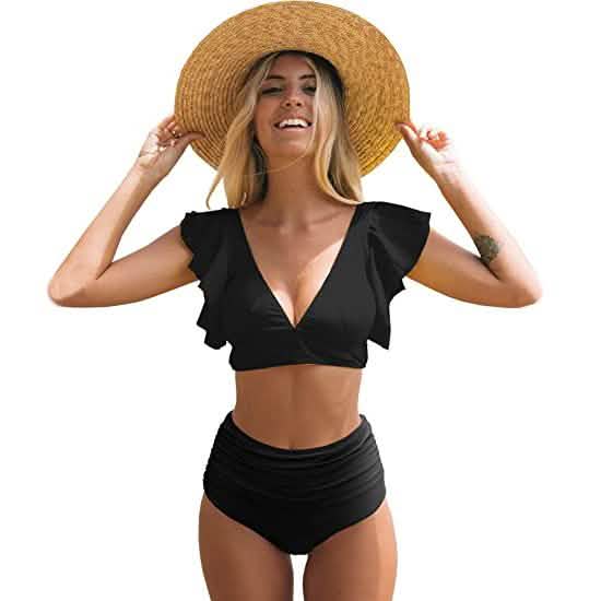 Sporlike Traje de baño de mujer con volantes y talle alto