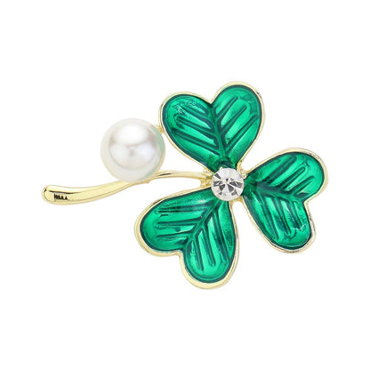 Broche de trébol con perla para el Día de San Patricio, broche de trébol verde