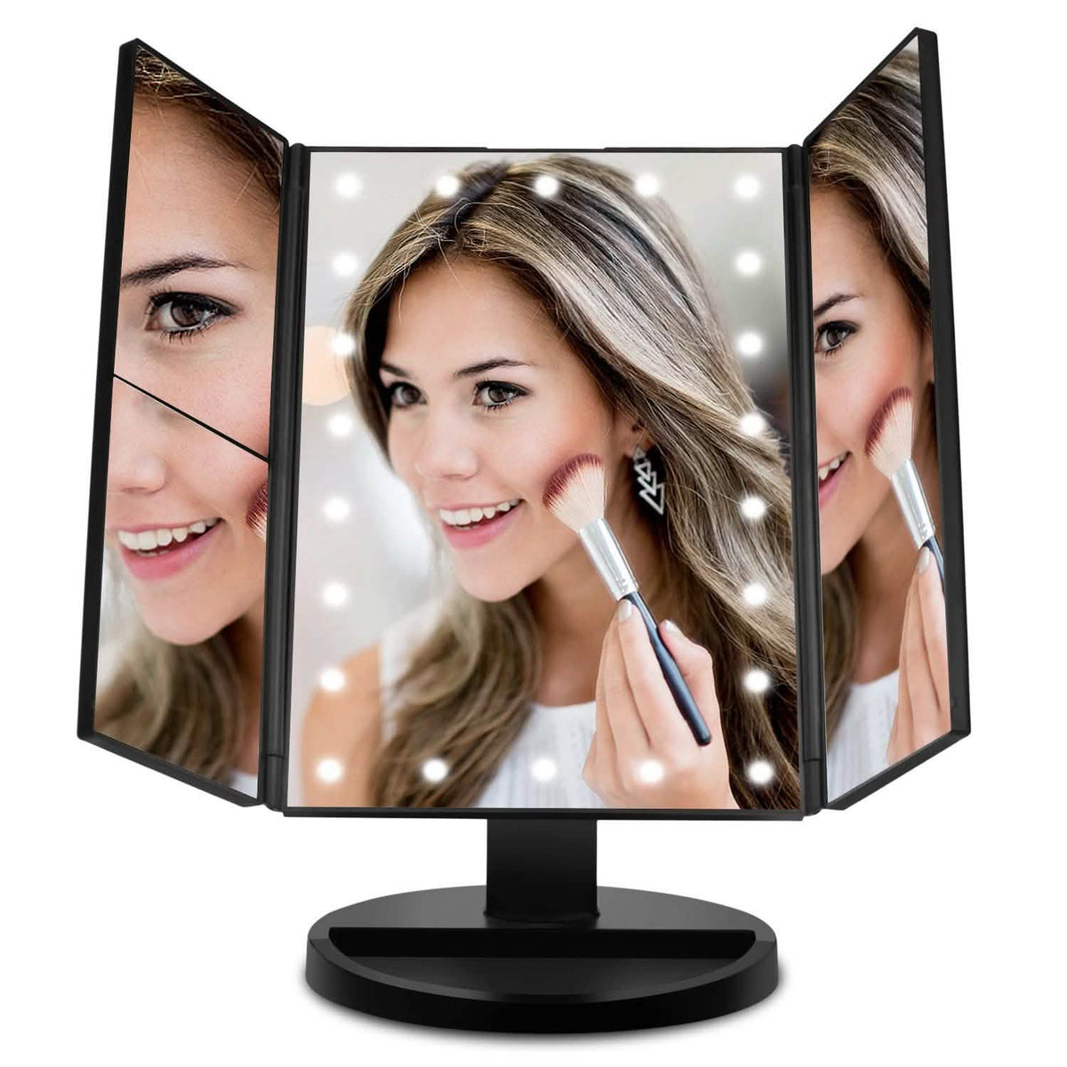 Espejo de Maquillaje de Pie, USB, con Luz LED de 21, Aumentos 10X 3X 2X 1X, Color Negro