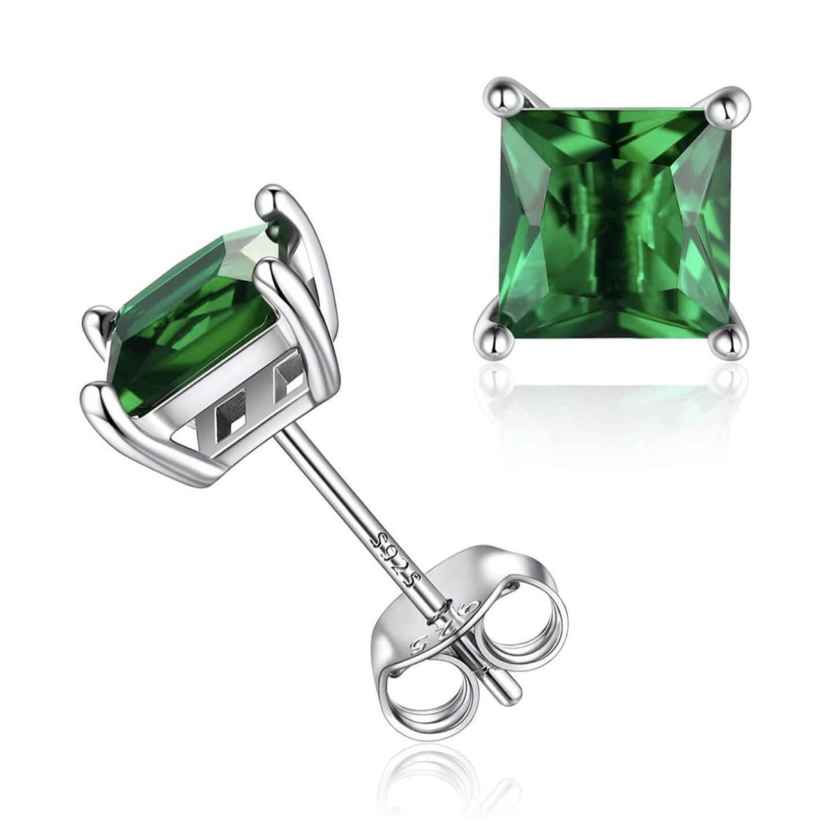 Pendientes de plata de ley 925 con esmeralda de talla princesa