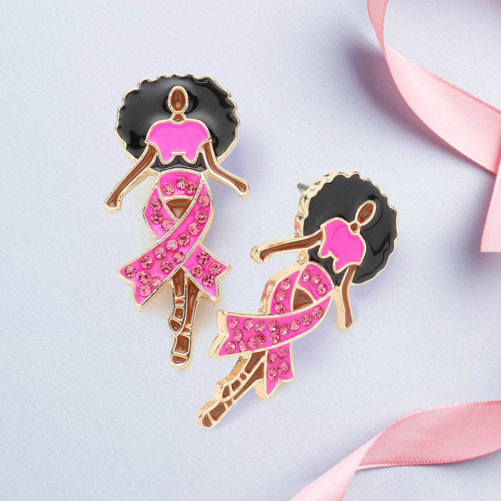 Women's Stone Paved Pink Ribbon Enamel Afro Woman Stud Earrings