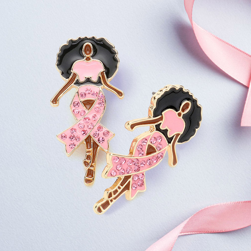Women's Stone Paved Pink Ribbon Enamel Afro Woman Stud Earrings