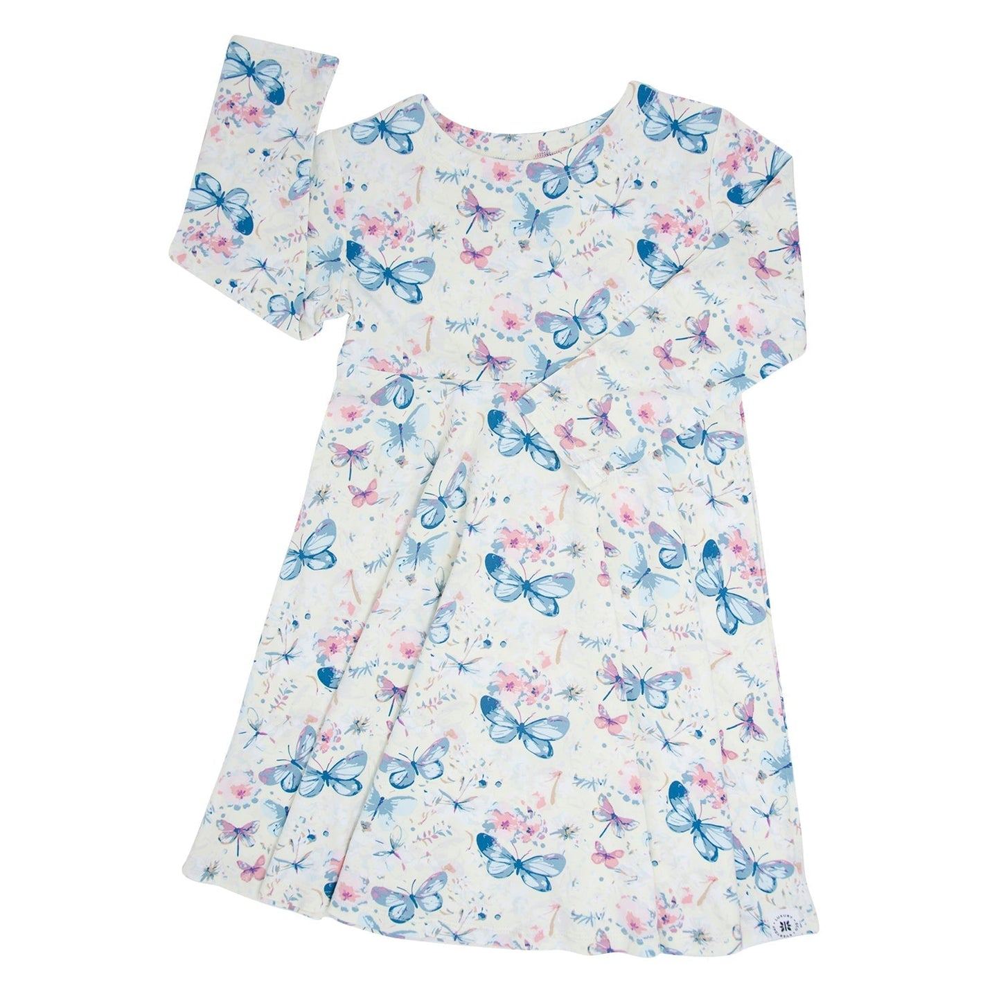 Vestido de niña con mariposa y remolinos en acuarela