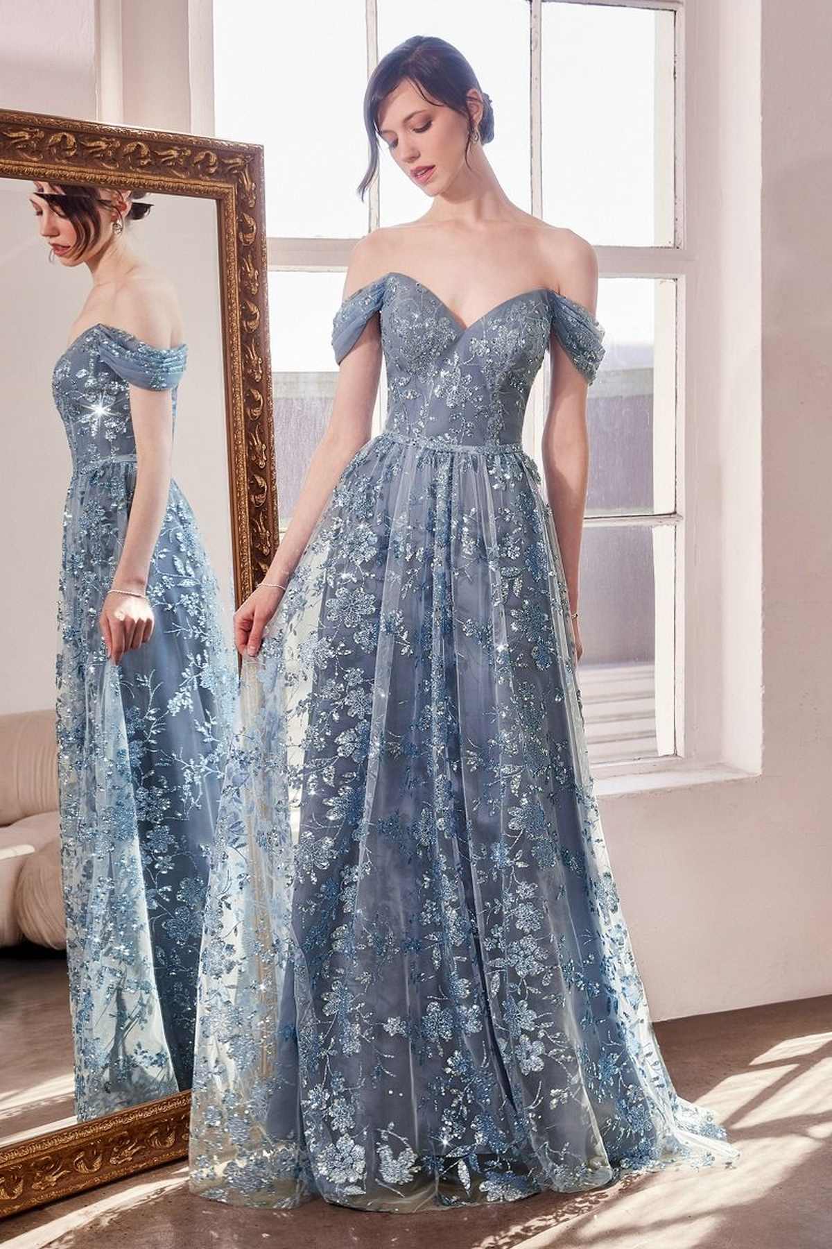 Vestido de fiesta estilo A sin hombros con estampado brillante Ladivine Amoris T607