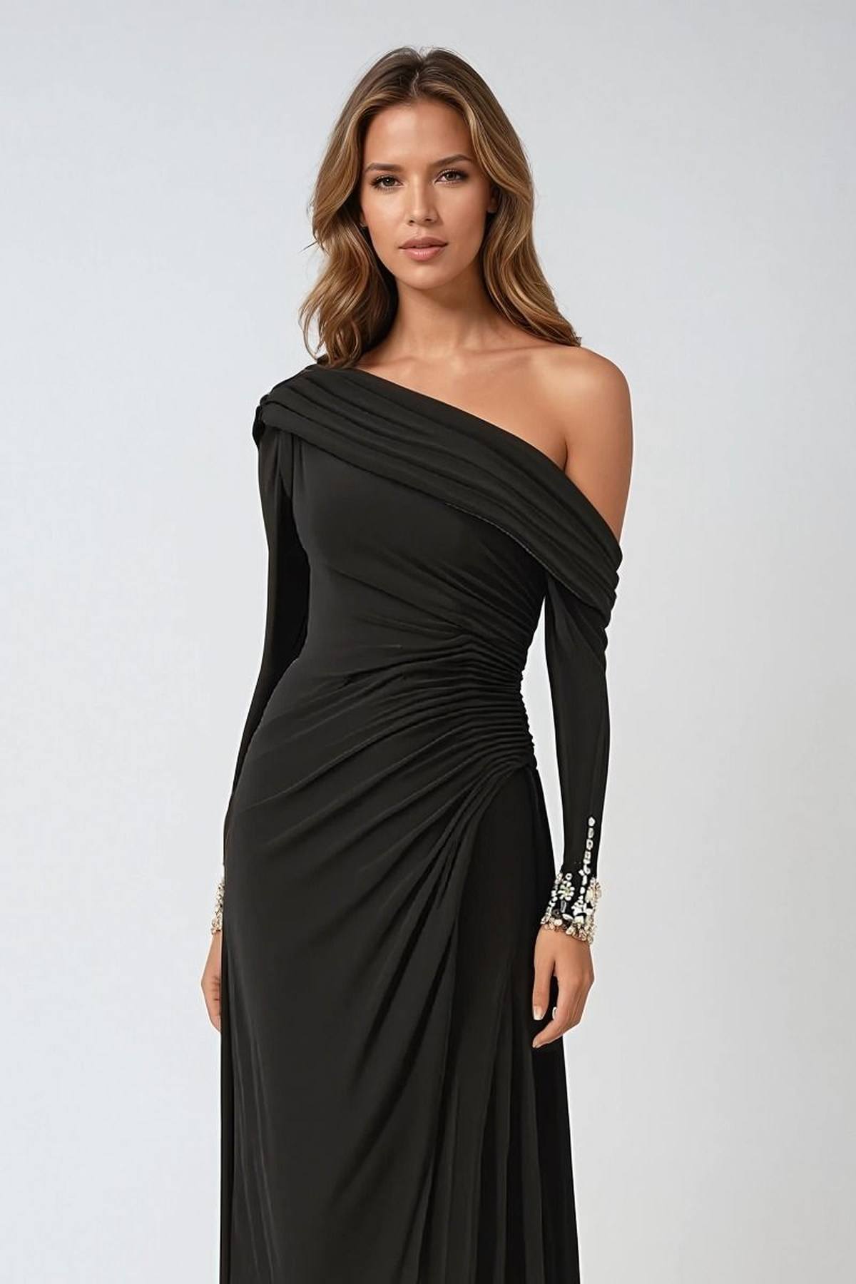 Vestido Ladivine Amoris T803 de manga larga sin hombros hasta la rodilla