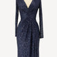 Ladivine Amoris T807 Knee Length Long Sleeve Sequin Dress V-Neckline