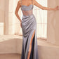 Vestido de fiesta largo de satén con corpiño transparente ajustado y cuello drapeado modelo T812 Ladivine Amoris