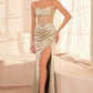 Vestido de fiesta largo de satén con corpiño transparente ajustado y cuello drapeado modelo T812 Ladivine Amoris