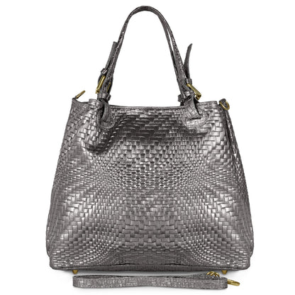 Italian Genuine Basketweave-Embossed Metallic Suede Top-Handle Bag | Imperia