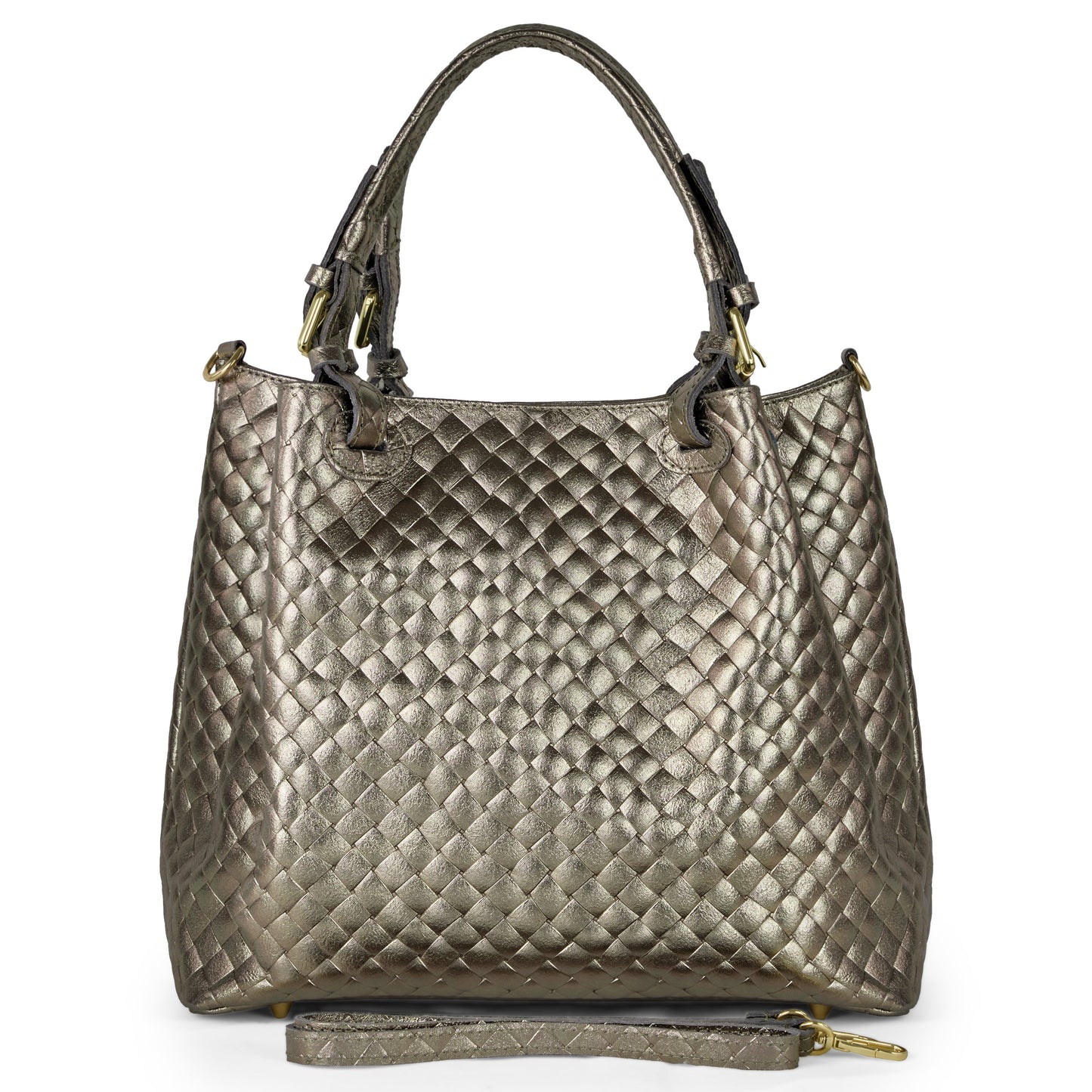 Italian Genuine Woven-Embossed Metallic Suede Top-Handle Bag | Savona