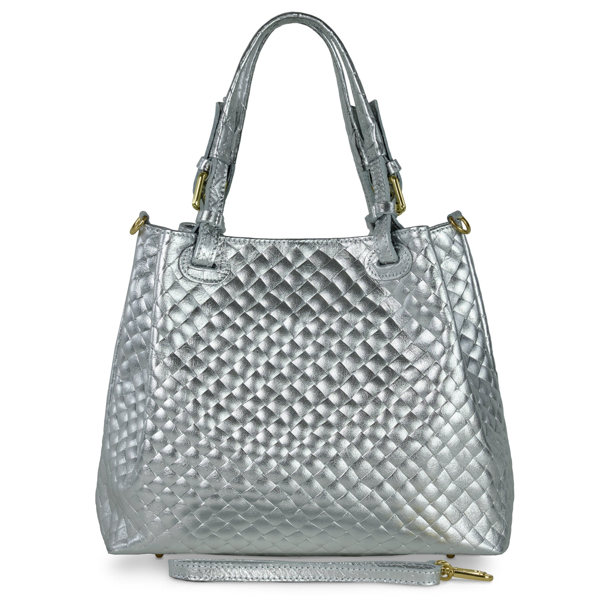 Italian Genuine Woven-Embossed Metallic Suede Top-Handle Bag | Savona