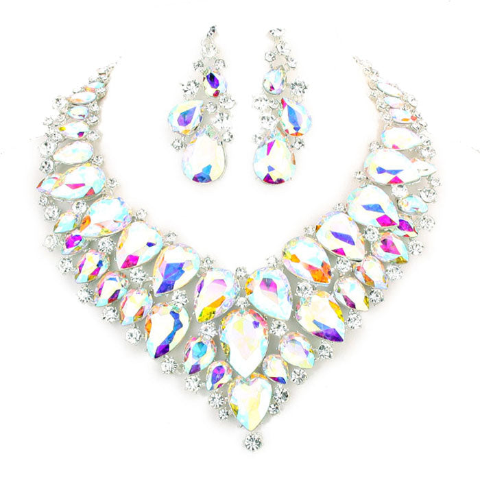 Teardrop Cluster Rhinestone Collar Necklace Earrings Set