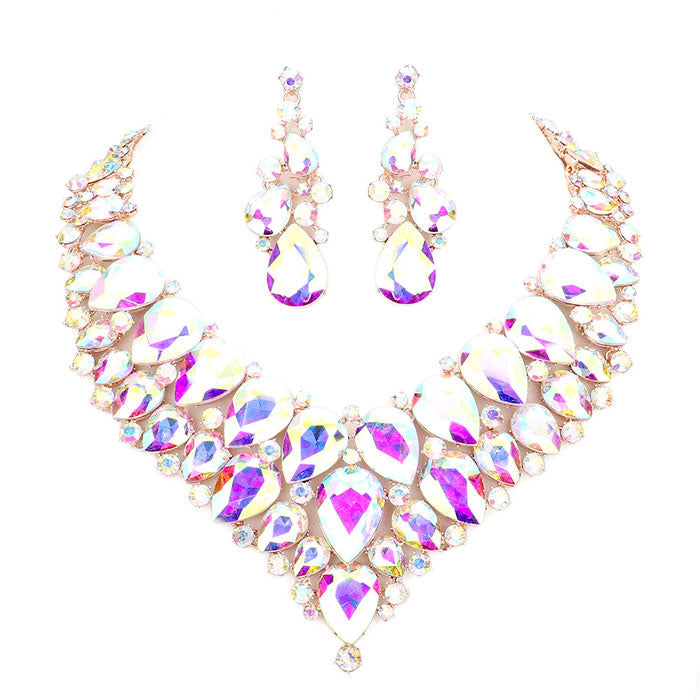 Teardrop Cluster Rhinestone Collar Necklace Earrings Set