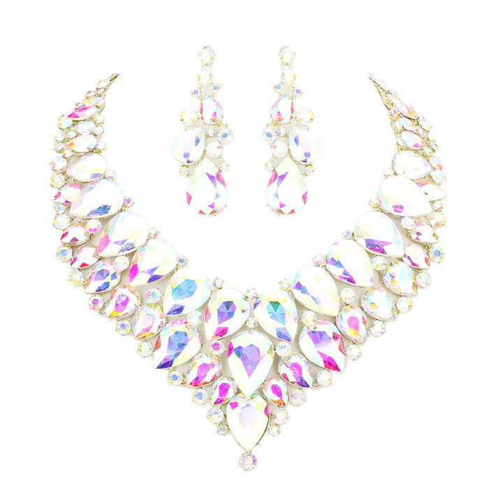 Teardrop Cluster Rhinestone Collar Necklace Earrings Set