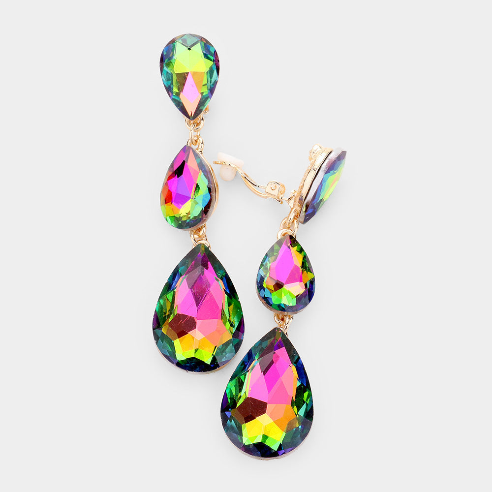 Women's Teardrop Glass Crystal Drop Evening Clip On Dangle Earrings