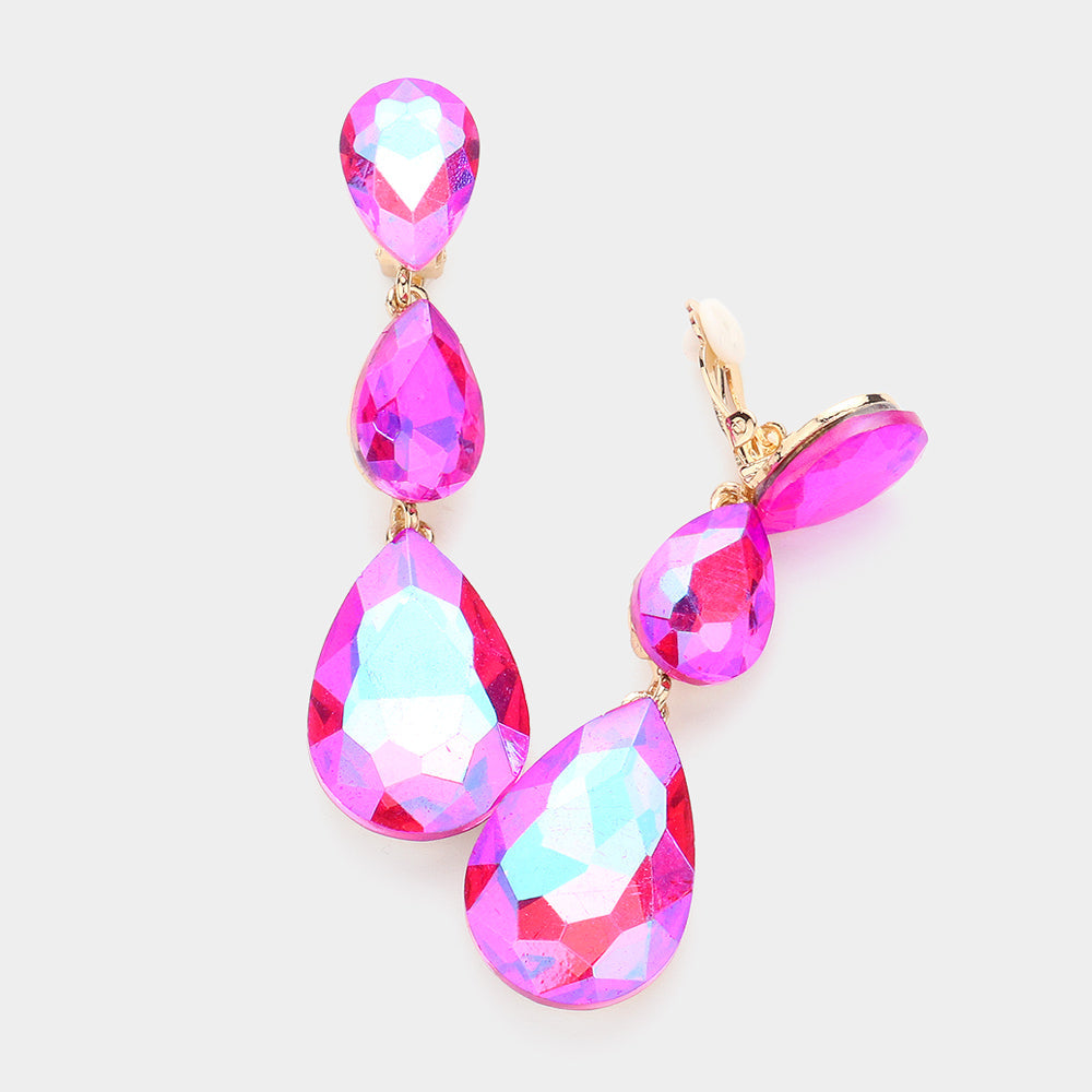 Women's Teardrop Glass Crystal Drop Evening Clip On Dangle Earrings