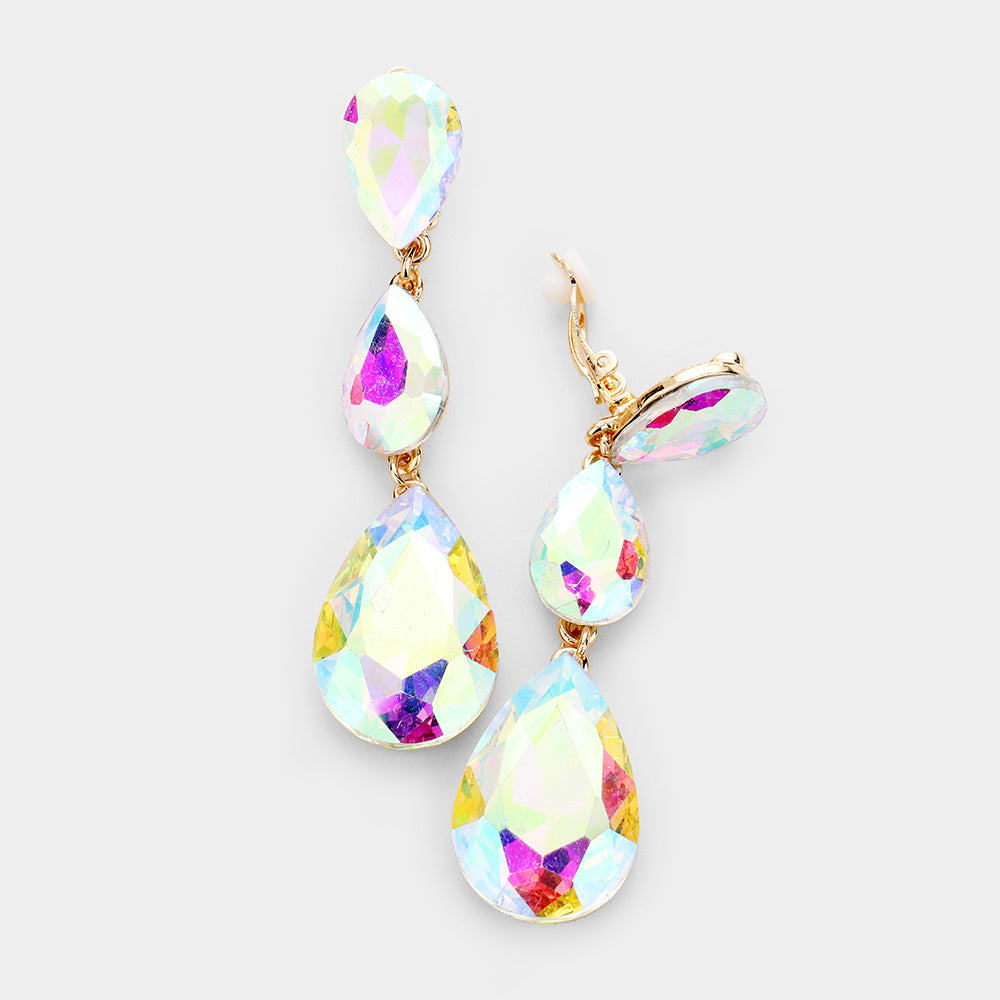 Women's Teardrop Glass Crystal Drop Evening Clip On Dangle Earrings