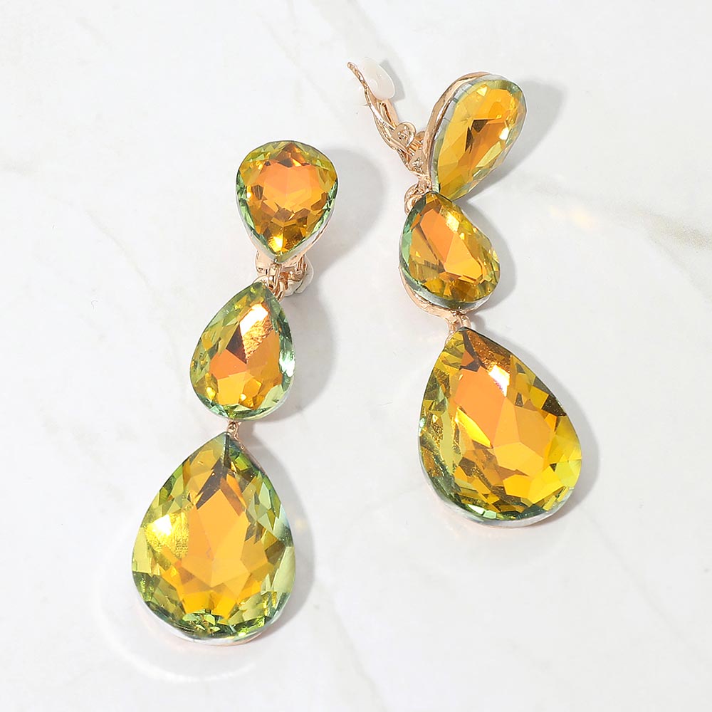 Women's Teardrop Glass Crystal Drop Evening Clip On Dangle Earrings