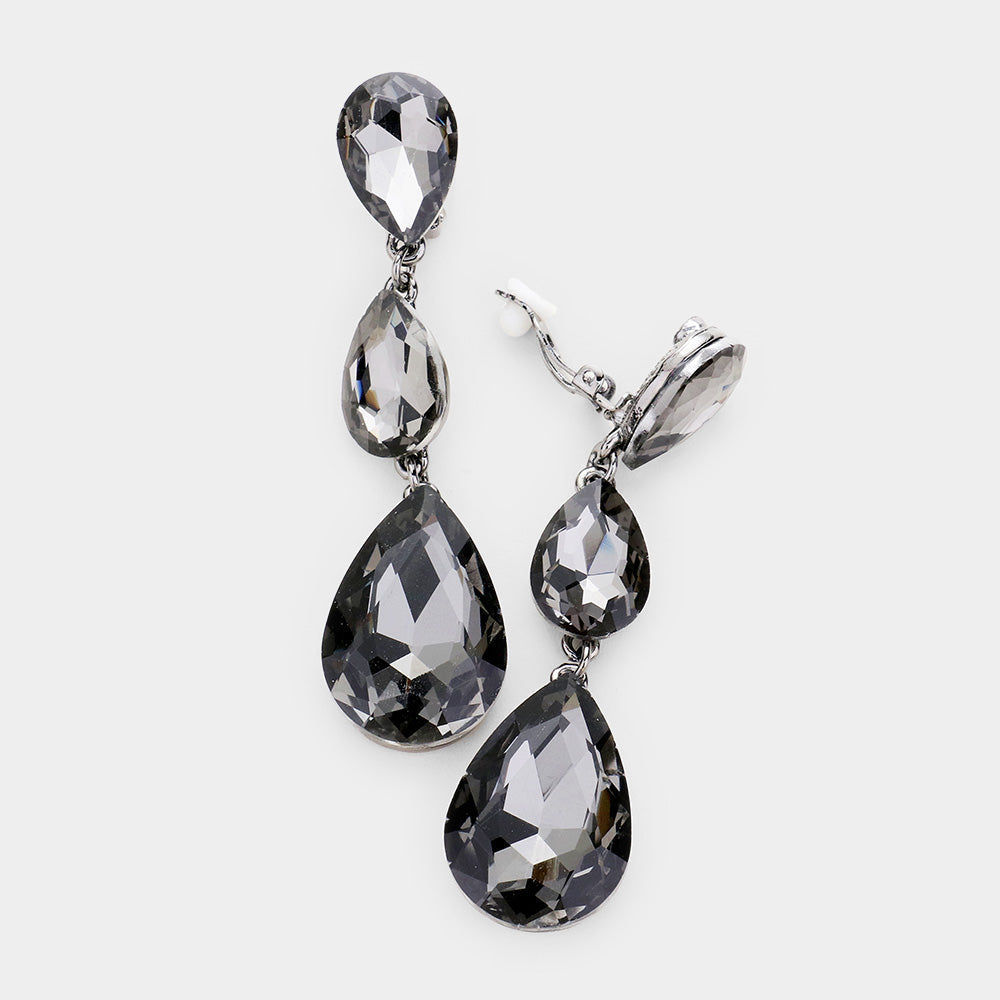 Women's Teardrop Glass Crystal Drop Evening Clip On Dangle Earrings