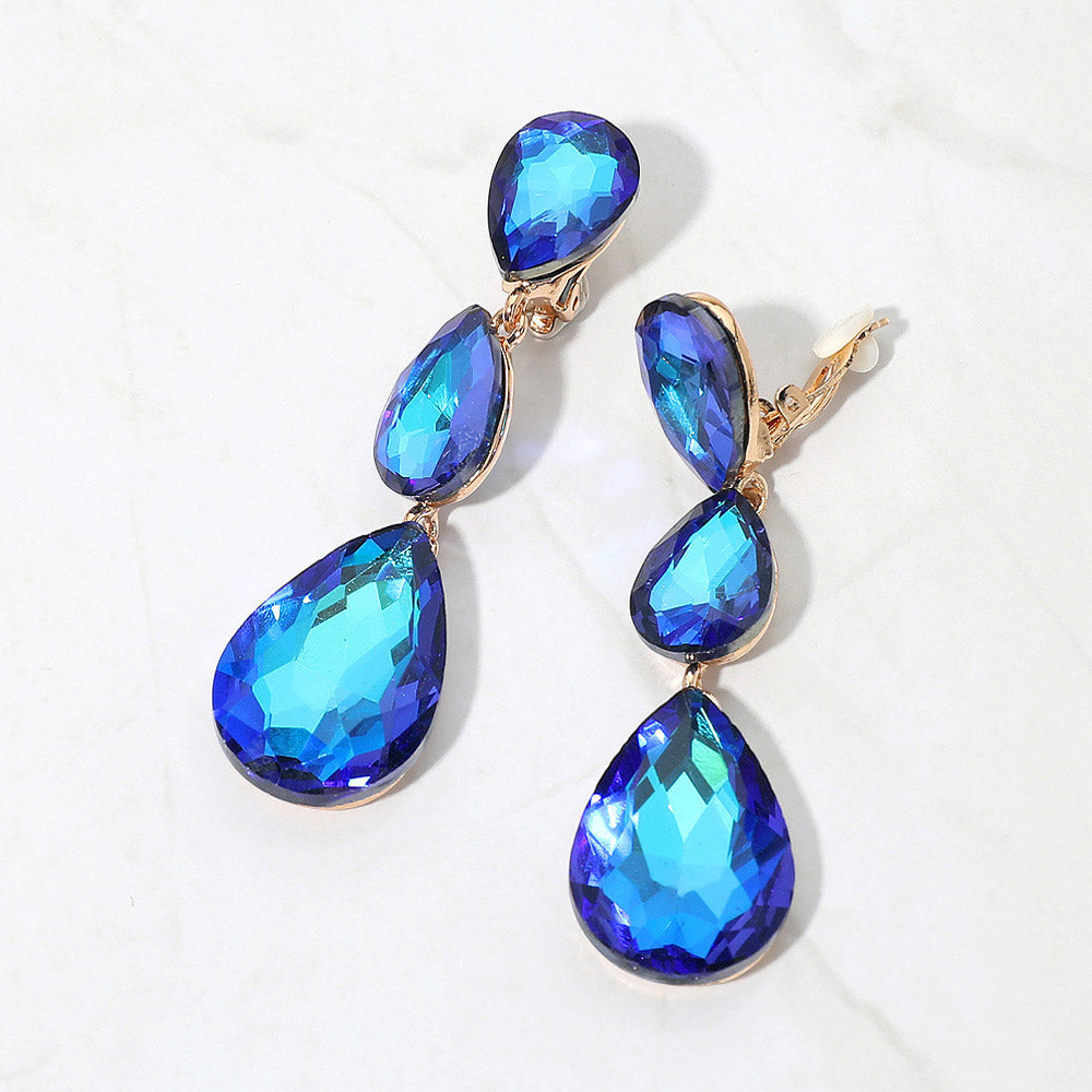 Women's Teardrop Glass Crystal Drop Evening Clip On Dangle Earrings