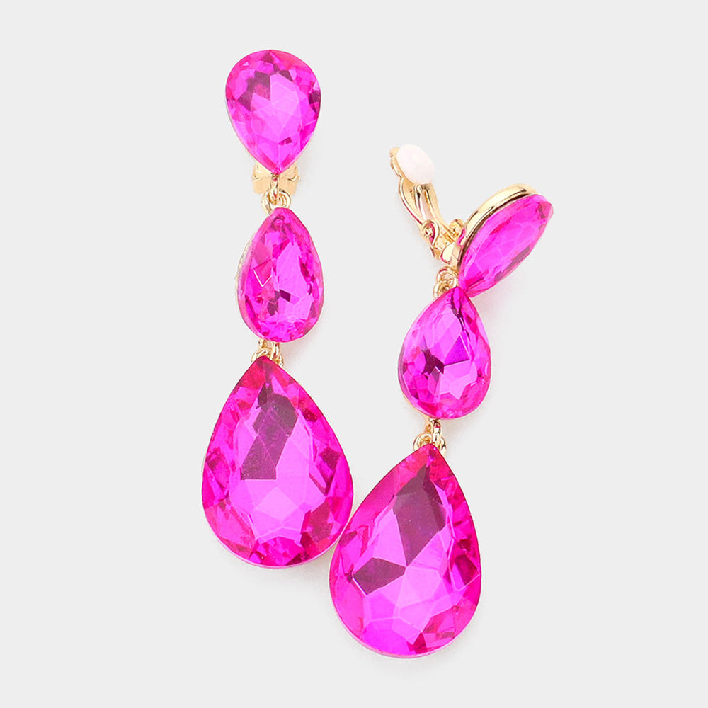 Women's Teardrop Glass Crystal Drop Evening Clip On Dangle Earrings