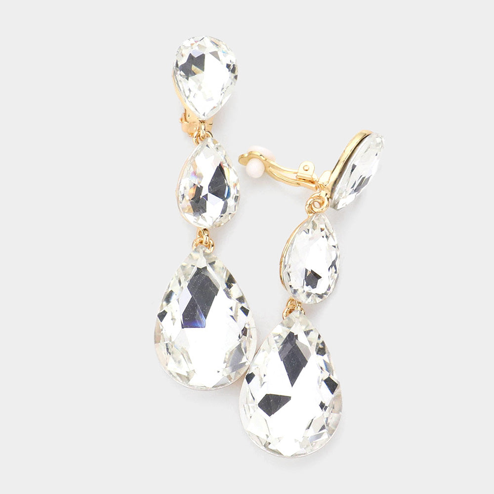 Women's Teardrop Glass Crystal Drop Evening Clip On Dangle Earrings