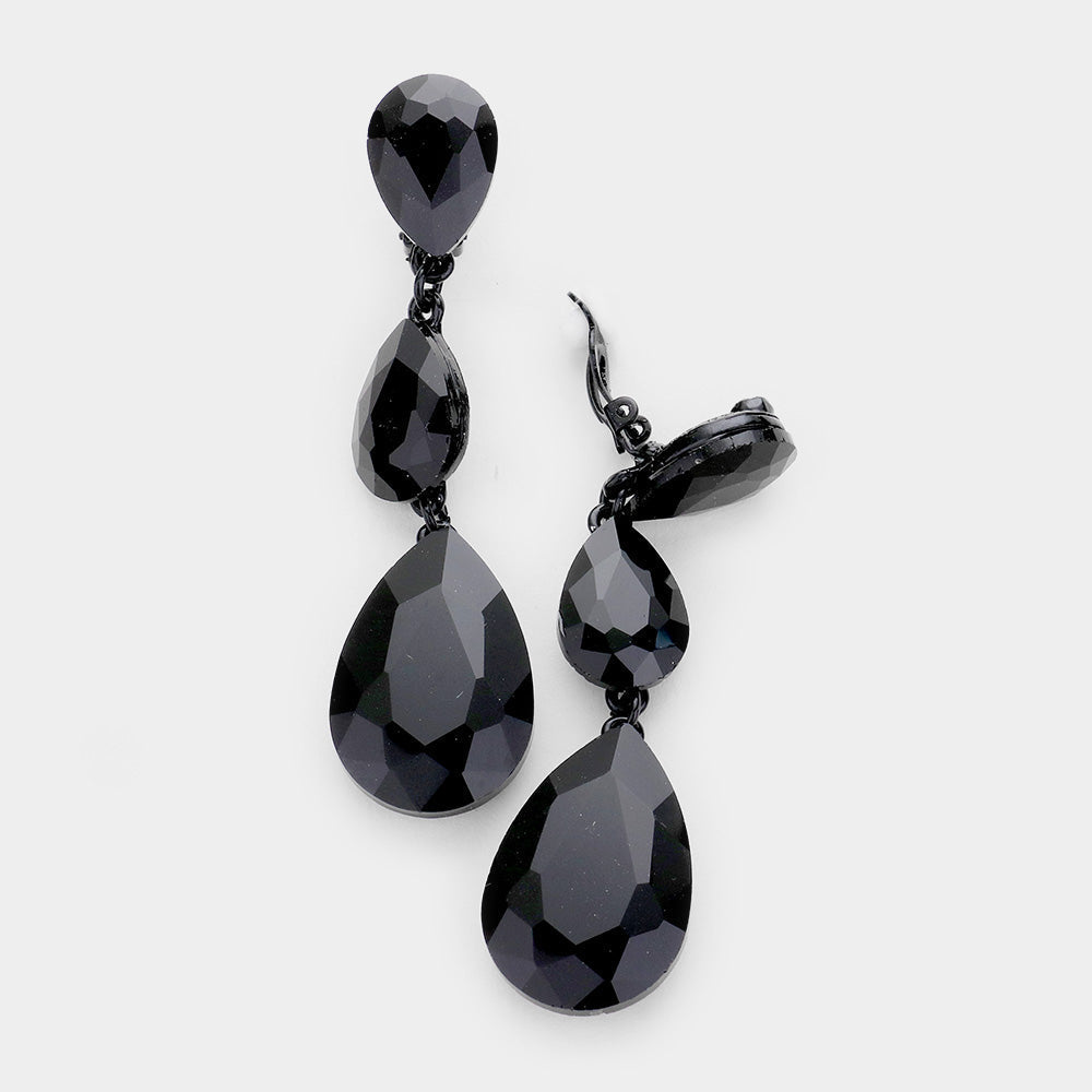 Women's Teardrop Glass Crystal Drop Evening Clip On Dangle Earrings