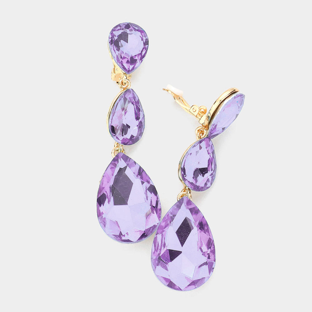 Women's Teardrop Glass Crystal Drop Evening Clip On Dangle Earrings