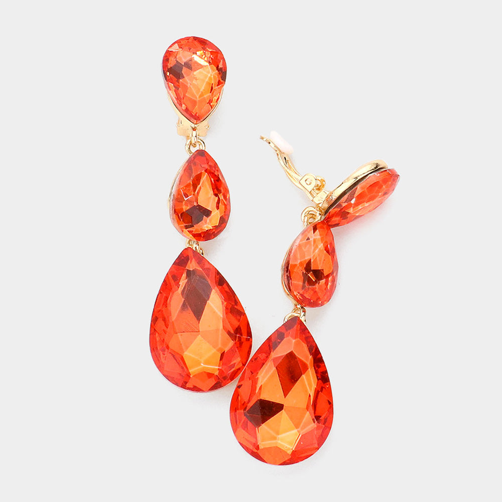 Women's Teardrop Glass Crystal Drop Evening Clip On Dangle Earrings