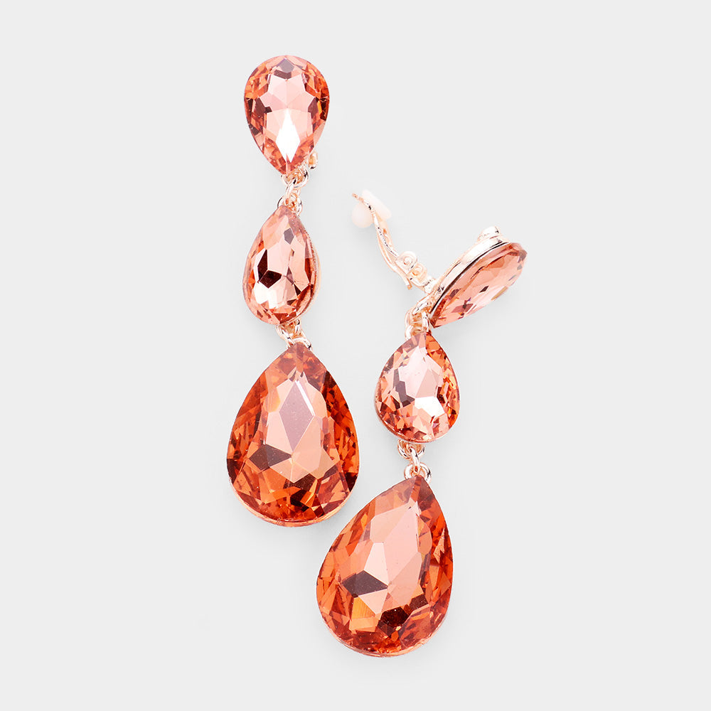 Women's Teardrop Glass Crystal Drop Evening Clip On Dangle Earrings