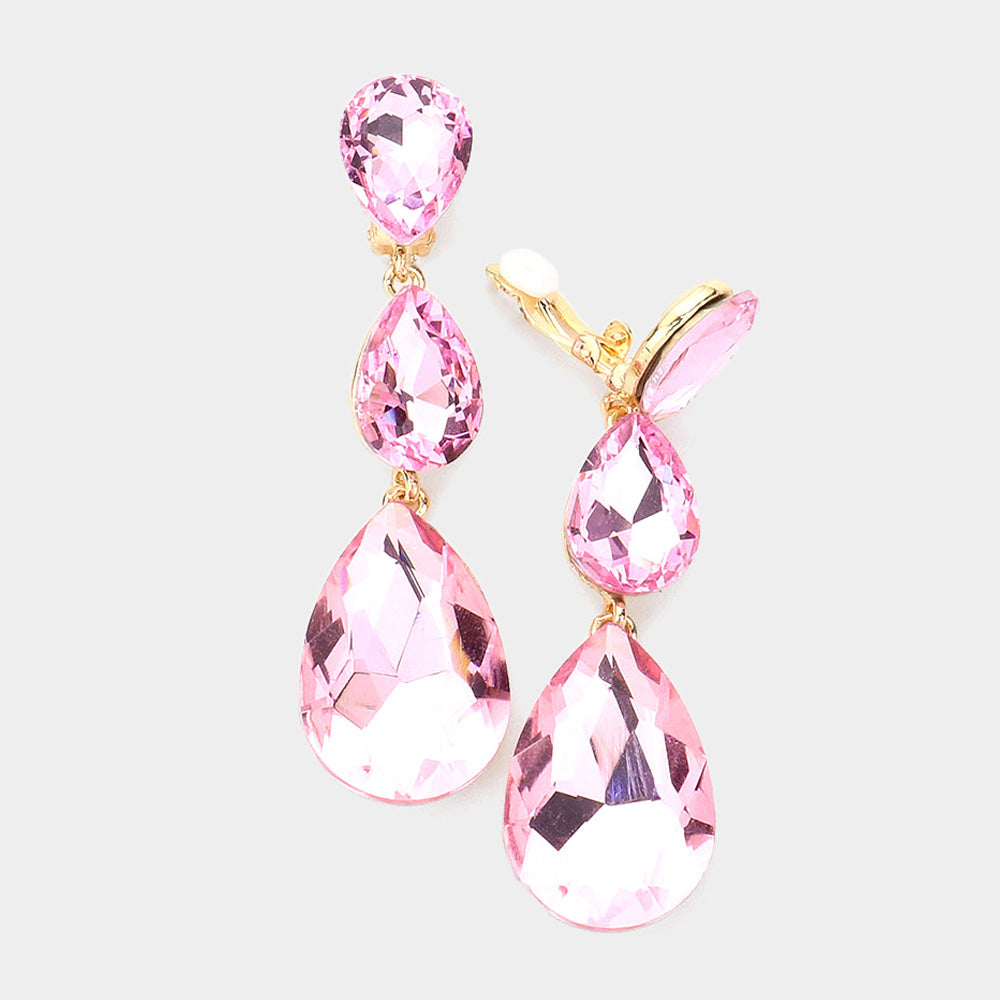 Women's Teardrop Glass Crystal Drop Evening Clip On Dangle Earrings