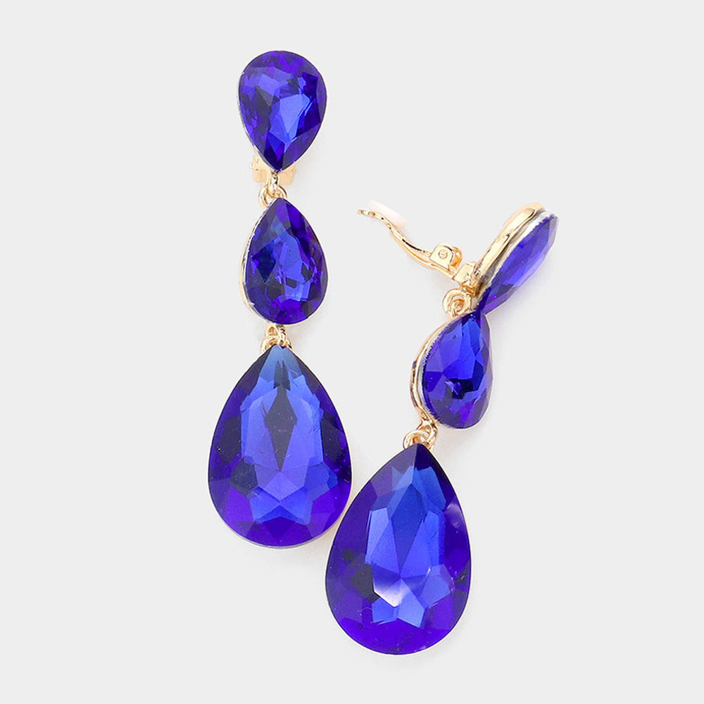Women's Teardrop Glass Crystal Drop Evening Clip On Dangle Earrings