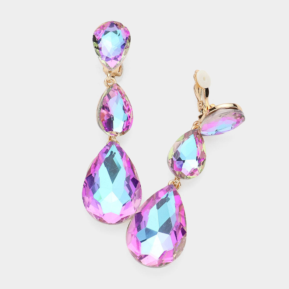 Women's Teardrop Glass Crystal Drop Evening Clip On Dangle Earrings
